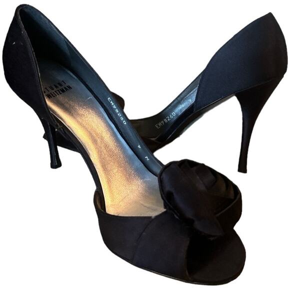 Stuart Weitzman Black Satin Rosette Flower Peep Toe Heel Pumps Women's Size 9 - Picture 1 of 11